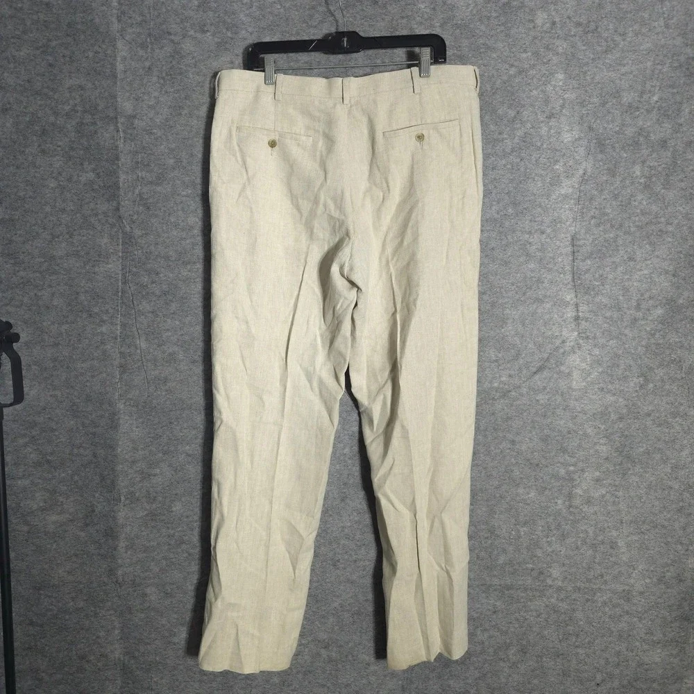 Perry Ellis Linen Blend Pants Mens 36x32 Cream Herringbone Flat Front Straight